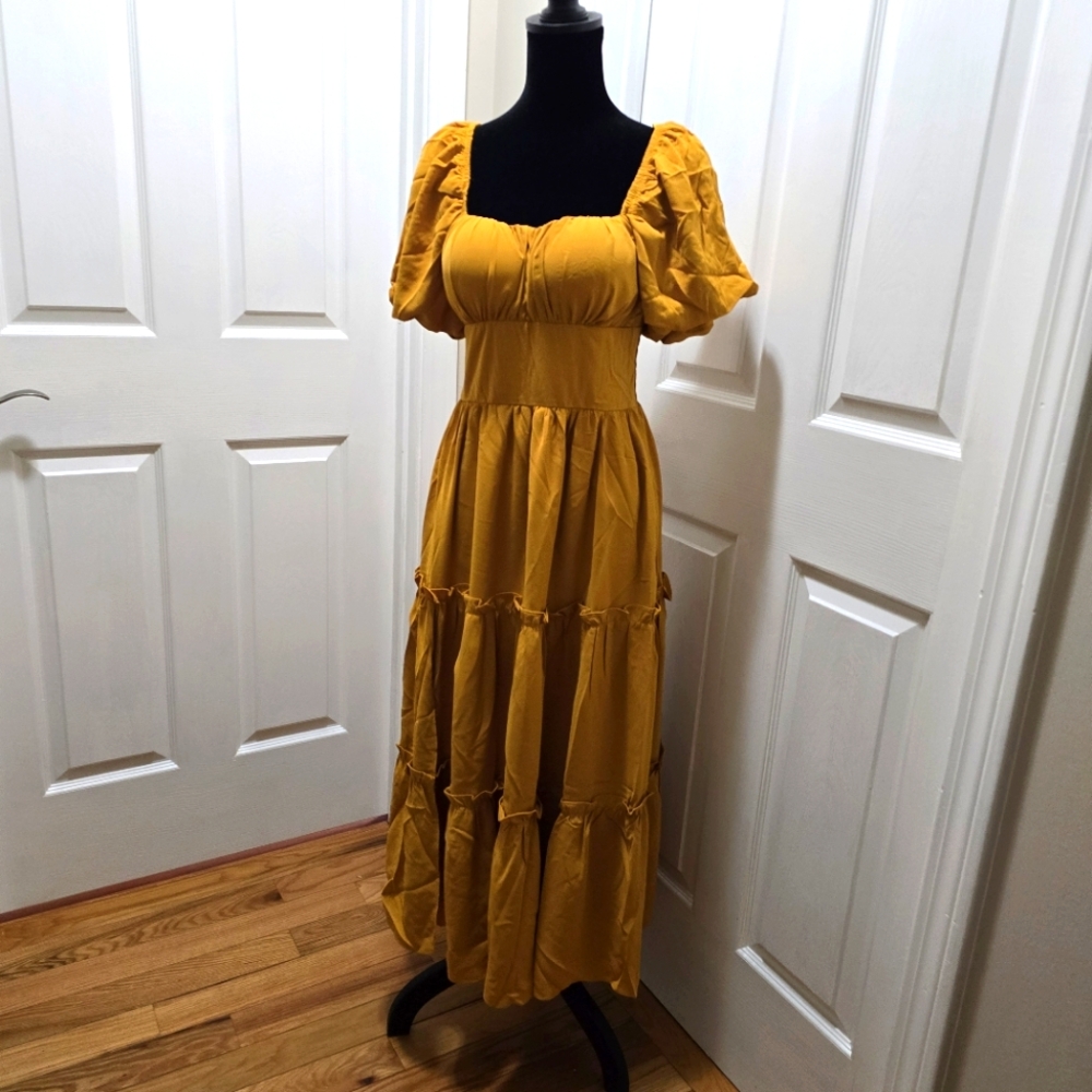 Mustard Ruffled Smocked Maxi Sundress with Puff Sleeves